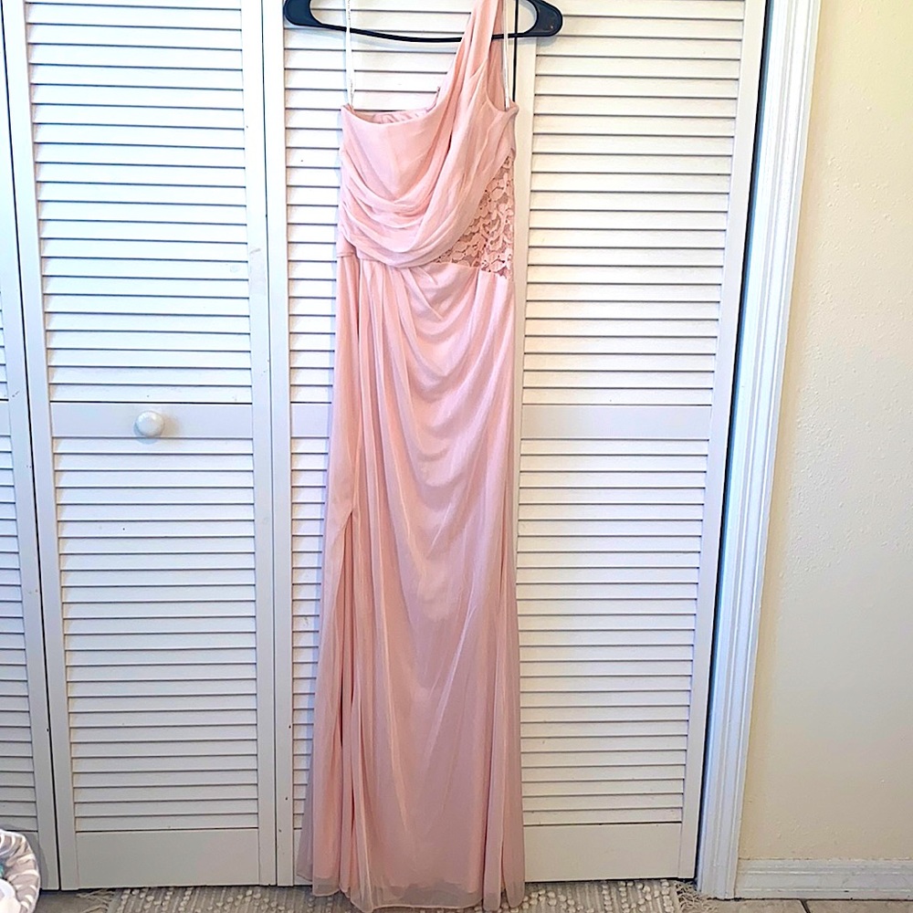 One-shoulder pale pink gown (David’s Bridal)